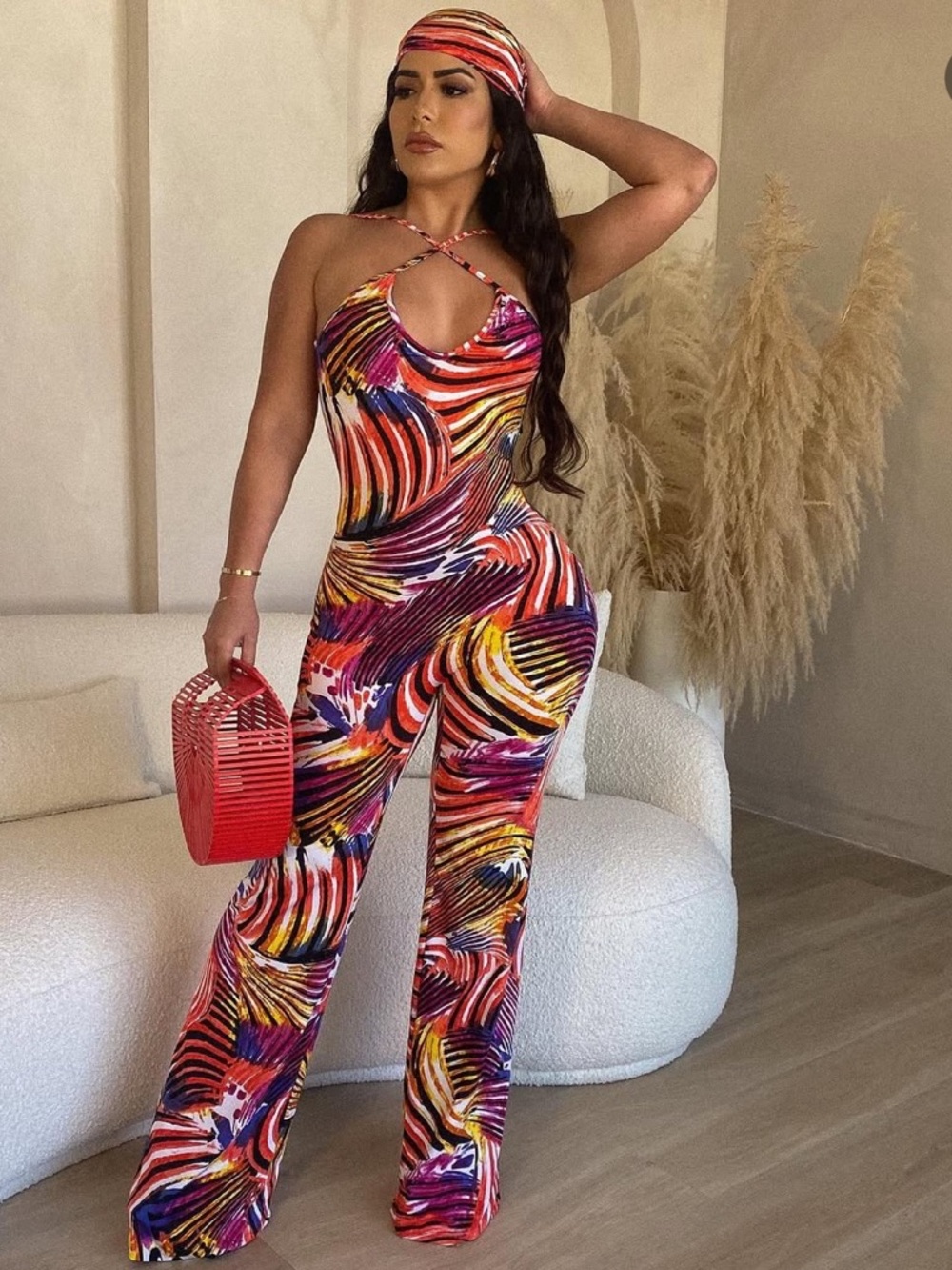 Diva Moda Multicolor Halter Jumpsuit with Match Scarf